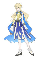1girl absurdres alfred_(fire_emblem) ascot bare_legs black_shoes blonde_hair blue_cape cape fire_emblem fire_emblem_engage genderswap genderswap_(mtf) green_eyes high_heels highres long_hair nintendo princess rororotsu shoes smile solo yellow_ascot