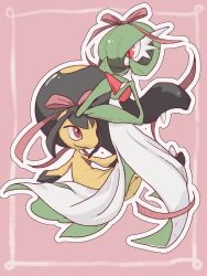 Rule 34 | bob cut, colored skin, dress, extra mouth, fangs, gardevoir, gen 3 pokemon, green hair, green skin, hair over one eye, hair ribbon, highres, mawile, multicolored skin, mxlaghrsuk33yws, nintendo, pink background, pink eyes, pink ribbon, pokemon, pokemon (creature), ribbon, simple background, smile, two-tone skin, white dress, white skin, yellow skin