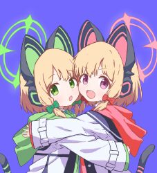 Rule 34 | 2girls, :o, animal ear headphones, animal ears, black jacket, black tail, blonde hair, blue archive, blue necktie, bow, buttons, cat ear headphones, cat ears, cat tail, collared shirt, commentary, dot nose, fake animal ears, fake tail, from side, green bow, green eyes, green halo, green hood, green jacket, hair bow, halo, headphones, highres, hood, hood down, hooded jacket, hug, jacket, long sleeves, looking at viewer, low-tied sidelocks, medium hair, midori (blue archive), momoi (blue archive), multicolored jacket, multiple girls, necktie, open clothes, open jacket, open mouth, parted bangs, pink halo, purple background, purple eyes, red bow, red hood, red jacket, shirt, siblings, sidelocks, simple background, sisters, sleeves past wrists, synaaap, tail, tareme, teeth, twins, upper body, upper teeth only, v-shaped eyebrows, white jacket, white shirt, wide sleeves