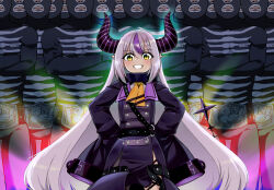 1girl 6+boys arms_up braid coat commentary_request demon_girl demon_horns grey_hair grin hololive horns la+_darknesss long_hair makishima_rin mask multiple_boys pointy_ears purple_coat purple_hair sleeves_past_wrists smile striped_horns very_long_hair virtual_youtuber yellow_eyes