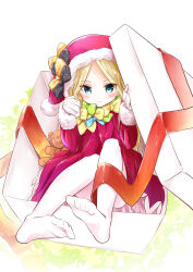 1girl abigail_williams_(fate) anzu_yoshihiro blonde_hair blue_eyes blush_stickers box dress fate/grand_order fate_(series) hat highres in_box in_container long_hair pantyhose parted_bangs santa_costume santa_dress santa_hat solo stuffed_animal stuffed_toy teddy_bear white_pantyhose