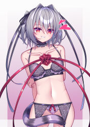 Rule 34 | 1girl, :d, alternate costume, armpit crease, arms behind back, bare shoulders, black bra, black choker, black garter belt, black ribbon, blush, border, bra, bra print, breasts, breasts apart, cat tail, choker, collarbone, commentary, cowboy shot, eyes visible through hair, floral print, floral print bra, flower, frilled bra, frilled choker, frills, garter belt, garter straps, grey background, grey hair, grin, groin, hair between eyes, hair intakes, hair ribbon, happy, hapymaher, heart, highres, long ribbon, looking at viewer, mate (oktavia1121), medium breasts, medium hair, naitou maia, navel, no panties, open mouth, outside border, print garter belt, red eyes, red flower, red ribbon, red rose, ribbon, rose, rose print, sharp teeth, simple background, slit pupils, smile, solo, stomach, tail, tail censor, teeth, twitter username, two side up, underwear, variant set, watermark, white border
