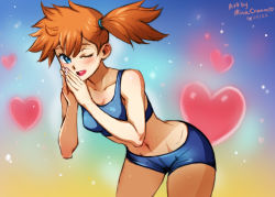 Rule 34 | 1girl, armpits, asymmetrical hair, bent over, bikini, blue bikini, blue eyes, blush, breasts, eyelashes, female focus, gen 1 pokemon, gym leader, hair tie, heart, legs, medium breasts, midriff, mina cream, misty (pokemon), navel, nintendo, one eye closed, orange hair, pokemon, pokemon frlg, ponytail, side ponytail, solo, spread legs, swimsuit, thighs, wide hips