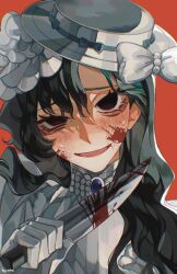 1girl black_hair blood blood_on_face blood_splatter bloody_weapon bow commentary dress empty_eyes english_commentary hat hat_bow holding holding_knife isolde_(reverse:1999) knife long_hair mbembe open_mouth portrait red_background reverse:1999 smile solo weapon white_bow white_dress white_hat