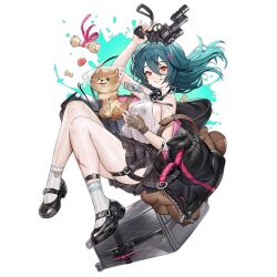 1girl animal aqua_hair black_jacket black_ribbon black_shoes black_skirt brown_gloves bruise dog dog_treat falling fingerless_gloves full_body girls&#039;_frontline gloves grin gun hair_between_eyes hair_ornament hairclip hand_up handgun heart holding holding_gun holding_weapon id_card injury jacket lanyard leash long_hair long_sleeves looking_at_viewer m327_(girls&#039;_frontline) mary_janes neck_ribbon official_art pet pet_cone plaid_clothes plaid_skirt pleated_skirt pomeranian_(dog) popped_button red_eyes revolver ribbon rolling_suitcase scope shirt shoes simple_background skirt sleeveless sleeveless_shirt smile smith_&amp;_wesson_m327 socks solo splatter_background stuffed_animal stuffed_toy suitcase teddy_bear thigh_strap third-party_source transparent_background trigger_discipline unworn_jacket weapon white_shirt white_socks whoisshe zipper