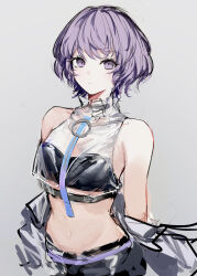 Rule 34 | 1girl, absurdres, bare shoulders, black shorts, commentary request, crop top, expressionless, fresnel (neural cloud), girls&#039; frontline, girls&#039; frontline neural cloud, grey background, highres, irikawa, jacket, looking at viewer, midriff, navel, purple eyes, purple hair, removing jacket, see-through clothes, short hair, shorts, simple background, solo, upper body