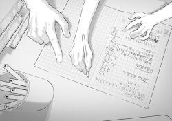 2girls absurdres age_difference book book_stack cup greyscale hand_focus highres math monochrome multiple_girls original pencil pointing shiratama_mochi tutor writing
