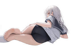 1girl ankle_socks ass ass_focus black_one-piece_swimsuit black_sailor_collar blunt_bangs commentary_request feet hand_on_own_hip highres leviathan_(hikinito0902) long_hair looking_at_viewer lying on_side one-piece_swimsuit original red_eyes sailor_collar school_uniform serafuku short_sleeves simple_background single_bare_foot socks solo swimsuit swimsuit_under_clothes thick_thighs thighs white_background white_hair white_socks