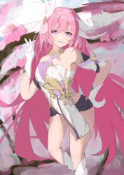 Rule 34 | 1girl, absurdres, bare shoulders, black shorts, breasts, cherry blossoms, chinese commentary, commentary request, corset, diamond-shaped pupils, diamond (shape), elysia (herrscher of human: ego) (honkai impact), elysia (honkai impact), gloves, highres, honkai (series), honkai impact 3rd, jiutian521, large breasts, long hair, parted lips, pink hair, purple eyes, short shorts, shorts, solo, symbol-shaped pupils, triquetra, v, very long hair, white corset, white gloves