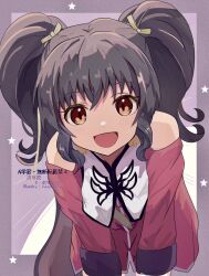 1girl 7wxhuxh anise_tatlin bare_shoulders black_hair brown_hair commentary_request dress hair_ribbon highres leaning_forward long_hair long_sleeves looking_at_viewer open_mouth pink_dress ribbon sidelocks solo star_(symbol) tabard tales_of_(series) tales_of_the_abyss twintails upper_body white_tabard yellow_ribbon