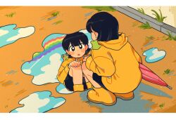 1girl :o black_eyes black_hair black_shorts blush_stickers boots bright_pupils coat commentary frog full_body highres holding holding_umbrella hood hood_down hooded_coat letterboxed long_sleeves open_mouth original outdoors puddle rainbow red_umbrella reflection reflective_water rubber_boots short_hair shorts sihyun25 solo squatting symbol-only_commentary umbrella white_pupils yellow_boots yellow_coat