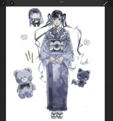 Rule 34 | 1girl, ado (utaite), adorozatorumary, black hair, blue eyes, blue hair, blue kimono, braid, braided hair rings, chando (ado), character doll, commentary request, doll, full body, ha-chan (ado), hair ornament, hair rings, hairclip, highres, htt hatuotuo, japanese clothes, kimono, long hair, mole, mole under eye, procreate (medium), quad tails, sanrio, simple background, socks, solo, utaite, white background, white socks