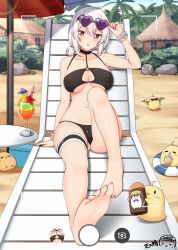 1girl :o adjusting_eyewear arm_at_side azur_lane barefoot beach beach_umbrella bikini bird black_bikini breasts frilled_thigh_strap bubble_tea bush cameltoe chair chick cleavage cocktail cocktail_umbrella cooler cup deal_with_it_(meme) disposable_cup dot_nose drinking_glass drinking_straw eyewear_on_head fake_phone_screenshot fake_screenshot female_focus foreshortening full_body hair_between_eyes heart heart-shaped_eyewear highres hut innertube knee_up large_breasts looking_at_viewer lotion lotion_bottle lounge_chair low_twintails medium_hair meme nail_polish navel outdoors palm_tree parted_lips pink_nails ppshex purple-tinted_eyewear reclining red_eyes rock scrunchie short_hair signature sirius_(azur_lane) sirius_(scorching-hot_seirios)_(azur_lane) soles solo sunglasses swim_ring swimsuit table thigh_strap tinted_eyewear toenails toes tree twintails umbrella viewfinder water_gun white_hair wine_glass wrist_scrunchie