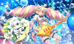 1girl ;o animal_ear_fluff animal_ears artist_request balloon black_bow black_bowtie blonde_hair blue_nails blue_thighhighs bouquet bow bowtie buttons cat_ears cat_girl cat_tail center_frills drill_hair electric_guitar feet_out_of_frame fishnet_thighhighs fishnets floating_hair flower frills guitar hair_bow hat holding holding_bouquet holding_guitar holding_instrument instrument layered_skirt lens_flare lily_(flower) long_hair looking_at_viewer mashima_himeko_(show_by_rock!!) mini_hat mini_top_hat multicolored_hair official_art one_eye_closed outstretched_arm pink_hair red_eyes scaffolding shirt show_by_rock!! skirt solo sparkle stage stage_lights tail thighhighs third-party_source top_hat twin_drills two-tone_hair white_flower white_hat white_shirt white_skirt