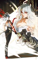 1girl arm_strap artist_name back bare_shoulders black_choker black_gloves black_horns black_pants black_shoes breasts choker cleavage closed_mouth collarbone commentary curled_horns gloves greatsword hair_between_eyes hashtag-only_commentary high_heels highres holding holding_sword holding_weapon horns large_breasts long_hair looking_at_viewer median_furrow mole mole_on_breast multiple_views necktie necktie_around_wrists pants red_eyes red_necktie rythron4 scar shirt shoes solo sword tacet_mark_(wuthering_waves) torn_clothes torn_shirt weapon white_hair white_shirt wuthering_waves zani_(wuthering_waves)