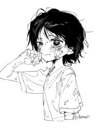 black_eyes black_hair bruise crying crying_with_eyes_open greyscale highres hyamoo injury kuze_shizuka monochrome shirt takopii_no_genzai tears white_shirt wiping_face