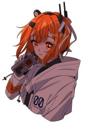 Rule 34 | 1girl, a.i. voice, adachi rei, black shirt, breast pocket, cassette player, computer chip, cropped torso, flat chest, floating hair, hair between eyes, hair ornament, hair ribbon, hand up, headphones, highres, holding, jacket, koz 001, looking at viewer, netsu ijou (utau), open clothes, open jacket, orange eyes, orange hair, parted bangs, pocket, ribbon, shirt, side ponytail, solo, twitter username, utau, white jacket, white ribbon, zipper