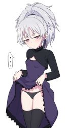 ... 1girl absurdres black_panties black_thighhighs bow bow_panties breasts closed_mouth clothes_lift commentary_request darker_than_black dress dress_lift grey_hair half-closed_eyes high_ponytail highres lifting_own_clothes long_sleeves looking_at_viewer motion_lines nonono_mino panties pink_eyes ponytail purple_dress shrug_(clothing) simple_background small_breasts solo spoken_ellipsis standing thighhighs underwear white_background yin_(darker_than_black)
