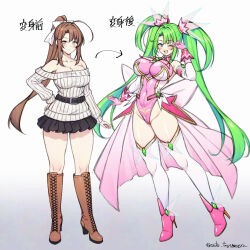 1girl artist_name boots breasts brown_eyes brown_hair covered_navel dual_persona green_hair hair_ribbon hand_on_own_hip highres large_breasts legs leotard long_hair looking_at_viewer magical_girl one_eye_closed open_mouth original ponytail purple_eyes ribbon skirt smile stomach_tattoo sweater tattoo teeth thighs tongue twintails v very_long_hair wink