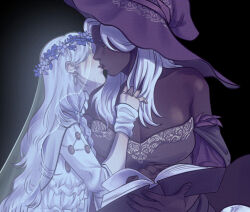 2girls bare_shoulders black_background book breasts cleavage cracked_skin doll_joints elden_ring elden_ring_nightreign flower_wreath hat highres holding holding_book huge_breasts joints kiss long_hair multiple_girls open_book pale_skin racqueer recluse_(elden_ring) revenant_(elden_ring) veil very_long_hair witch_hat yuri