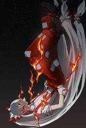 1girl black_background fujiwara_no_mokou high_ponytail highres long_hair loy-498 night pants ponytail red_pants shirt solo touhou upside-down very_long_hair white_hair white_shirt