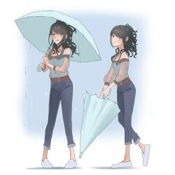 1girl absurdres bare_shoulders belt black_hair blue_eyes blush breasts closed_mouth denim highres holding holding_umbrella idolmaster idolmaster_shiny_colors kazano_hiori long_hair long_sleeves looking_at_viewer mole mole_under_mouth open_mouth pants ponytail purple_eyes shirt simple_background skinny_jeans smile solo umbrella umirororo