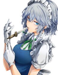 1girl absurdres blue_eyes bow braid breasts commentary gloves green_bow green_ribbon grey_hair hair_bow highres izayoi_sakuya knife large_breasts long_hair looking_at_viewer maid maid_headdress mouth_hold neck_ribbon nuru_himmel ribbon short_sleeves simple_background solo touhou twin_braids white_background white_gloves