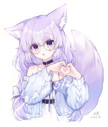 1girl :o absurdres animal_ear_fluff animal_ears armpit_crease bare_shoulders belt black_belt black_choker blue_eyes blush bow braid cable_knit chinese_commentary choker collarbone commentary_request cropped_torso dated dress glasses hair_between_eyes hair_bow hands_up head_tilt heart heart_hands heart_in_heart_hands heterochromia highres indie_virtual_youtuber jacket light_particles long_hair long_sleeves looking_at_viewer low_twin_braids off_shoulder open_clothes open_jacket open_mouth puffy_long_sleeves puffy_sleeves purple_bow purple_eyes purple_hair purple_jacket raised_eyebrows round_eyewear simple_background sleeveless sleeveless_dress solo tail tail_raised teardrop_facial_mark twin_braids very_long_hair virtual_youtuber wangying_(itswasuutsu) wangying_(vtuber) white_background white_dress wolf_ears wolf_girl wolf_tail