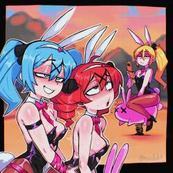 Rule 34 | 3girls, akita neru, alternate costume, alternate hairstyle, animal ear hairband, animal ears, black leotard, black shoes, blonde hair, blue eyes, blue hair, blush, bow, bowtie, breasts, brown pantyhose, cleavage, closed mouth, double-parted bangs, drill hair, fake animal ears, hair between eyes, hair ornament, hairband, half-closed eyes, hatsune miku, high heels, highres, kasane teto, leotard, medium breasts, multiple girls, open mouth, osidid, outdoors, pantyhose, pink bow, pink bowtie, ponytail, rabbit ear hairband, rabbit ears, rabbit hole (vocaloid), raised inner eyebrows, red eyes, red hair, sexually suggestive, shoes, short hair, short twintails, sideboob, small breasts, twin drills, twintails, twitter username, vocaloid, x hair ornament