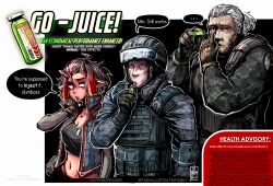 1girl 2boys absurdres ad ammunition_pouch artist_name black_hair black_tank_top blonde_hair blue_eyes blue_vest bluesky_username bulletproof_vest camouflage colored_skin drinking drinking_straw drugs elbow_pads english_text gloves goggles goggles_on_headwear green_eyes gun handgun height_difference helmet highres holster horns hussar_(rimworld) impid_(rimworld) injection midriff multicolored_hair multiple_boys open_clothes open_vest patch pawn_(rimworld) pointy_ears ponytail pouch red_eyes red_hair red_skin reddit_username rimworld sharp_teeth shoulder_patch signature syringe tank_top tarmillustrates teeth vest vial weapon white_hair