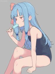 1girl armpit_crease blue_hair eating food food_in_mouth highres holding holding_food holding_popsicle kotonoha_aoi loli popsicle popsicle_in_mouth school_swimsuit semicolonize solo swimsuit thighs voiceroid