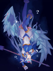 1girl android blue_eyes blue_hair bodysuit bracelet breasts bubble covered_navel dark_background fairy_leviathan_(mega_man) female_focus gloves helmet highres ice ice_dragon jewelry large_breasts long_hair mega_man_(series) mega_man_zero_(series) nichts_(nil) polearm solo spear thighhighs underwater upside-down weapon