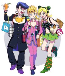 1girl 2boys anchor_symbol bag black_coat black_hair black_pants blonde_hair blue_eyes blush boots bracelet braid bright_pupils butterfly_tattoo cleavage_cutout clothing_cutout coat cup diamond_wa_kudakenai double_bun multiple_scoops drinking_straw earrings eyelashes food gakuran giorno_giovanna gold_bracelet green_footwear green_hair green_skirt hair_bun halterneck hand_on_another&#039;s_shoulder heart heart_cutout higashikata_josuke high_heels highres holding holding_cup holding_ice_cream_cone ice_cream ice_cream_cone jewelry jojo_no_kimyou_na_bouken knee_boots kuujou_jolyne ladybug_ornament leg_up long_sleeves multicolored_hair multiple_boys no_nose no_sclera number_print open_mouth pants parfait peace_symbol pink_pants pink_shirt pompadour ponytail purple_footwear purple_hair school_uniform shirt shopping_bag short_hair single_braid skirt sleeveless smile stone_ocean stud_earrings swirl tattoo tongue tongue_out two-tone_hair uppi vento_aureo white_pupils yellow_shirt yellow_undershirt