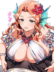 1boy 1girl 2024 armlet artist_name bare_shoulders belko blue_eyes blush bracelet breasts bulge cleavage collarbone dated erection erection_under_clothes female_focus fins flower hair_flower hair_ornament halterneck head_fins highres imminent_paizuri jewelry large_breasts long_hair nereid open_mouth orange_hair parted_bangs romancing_saga_2 saga sidelocks thetis_(romancing_saga) thetis_(romancing_saga_2)