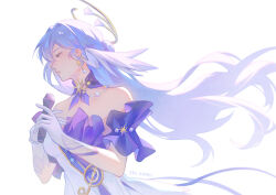 1girl bare_shoulders choker commentary detached_sleeves dress gloves head_wings holding holding_microphone honkai:_star_rail honkai_(series) long_hair microphone purple_choker purple_hair robin_(honkai:_star_rail) shi_(shi_zumii) short_sleeves simple_background solo strapless strapless_dress upper_body very_long_hair white_background white_dress white_gloves wings