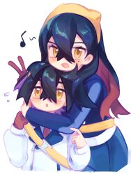 1boy 1girl :d belt belt_buckle black_hair blue_jacket blue_pants brother_and_sister buckle carmine_(pokemon) colored_inner_hair commentary crossed_bangs flying_sweatdrops gloves hair_between_eyes hairband highres jacket kieran_(pokemon) long_sleeves looking_at_viewer mole mole_under_eye multicolored_hair musical_note necktie nintendo open_mouth pants pokemon pokemon_sv red_gloves red_necktie saridinism siblings single_glove smile v white_background white_belt white_jacket yellow_eyes yellow_hairband