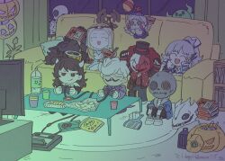 3girls 5boys alice_angel alice_angel_(cosplay) argalia_(project_moon) balloon_boy_(fnaf) balloon_boy_(fnaf)_(cosplay) bendy_and_the_ink_machine blonde_hair bloody_roar bookshelf bow bowtie brown_hair chibi chips_(food) closed_eyes cosplay couch cuphead_(game) eileen_(project_moon) elena_(project_moon) five_nights_at_freddy&#039;s food force_(4sk_force) gasterblaster gears guilty_gear guilty_gear_xrd halloween_costume halo horns identity_v jack-o&#039;-lantern jae-heon joker_(identity_v) joker_(identity_v)_(cosplay) king_dice king_dice_(cosplay) ky_kiske ky_kiske_(cosplay) library_of_ruina long_hair lying monocle multiple_boys multiple_girls ogami_yugo ogami_yugo_(cosplay) on_back open_mouth oswald_(project_moon) philip_(project_moon) pillow potato_chips project_moon purple_bow purple_bowtie sans_(cosplay) sans_(undertale) sitting skeleton smile spooky&#039;s_house_of_jump_scares spooky_(shojs) spooky_(shojs)_(cosplay) table tanya_(project_moon) toilet_paper undertale very_long_hair white_hair