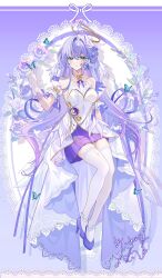 1girl alternate_costume bare_shoulders blue_flower blue_hair blue_rose bracelet bug butterfly closed_mouth detached_sleeves dress face_jewel flower full_body gloves hair_flower hair_ornament halo head_wings high_heels highres honkai:_star_rail honkai_(series) insect jewel_under_eye jewelry long_hair miaogujun purple_shoes purple_skirt robin_(honkai:_star_rail) rose shoes short_sleeves signature sitting skirt smile solo thighhighs white_dress white_gloves white_thighhighs wings zettai_ryouiki