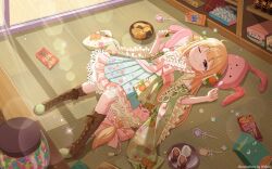 1girl absurdres alternate_costume artist_name blonde_hair blurry bokeh boots bow brand_name_imitation brown_boots candy cardigan collar cookie daifuku depth_of_field dress eating floral_print food frilled_collar frilled_sleeves frills from_above full_body furisode_sleeves futaba_anzu green_cardigan hands_up head_on_pillow highres hmax holding holding_candy holding_cookie holding_food holding_lollipop idolmaster idolmaster_cinderella_girls indoors japanese_clothes jar kimono_collar knee_up lace-up_boots light_blush light_rays lolita_fashion lollipop long_hair low-tied_long_hair on_floor one_eye_closed open_cardigan open_clothes pillow pink_dress pink_sash pocky sash shelf sliding_doors solo sunbeam sunlight swept_bangs tatami three-quarter_sleeves wa_lolita wagashi waist_bow window_shadow