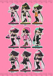 1girl :3 absurdres action_figure ankle_boots ankle_socks arm_warmers bare_shoulders beanie belt black_arm_warmers black_belt black_boots black_bra black_cardigan black_collar black_gloves black_hair black_jumpsuit black_pantyhose black_shorts black_sleeves black_socks blonde_hair blue_hair blush bomb boots bow bow-shaped_hair bowtie bra breasts brown_shoes callie_(agent_1_casual)_(splatoon) callie_(alterna)_(splatoon) callie_(fancy_party)_(splatoon) callie_(octo_idol_outfit)_(splatoon) callie_(splatoon) callie_(splatoween)_(splatoon) callie_(squid_sisters_outfit)_(splatoon) candy cardigan cellphone character_name closed_eyes closed_mouth collar collared_shirt colored_tongue commentary_request coula_cat crop_top cropped_shirt cross-shaped_pupils detached_sleeves dot_nose double_v dress drooling earrings evening_gown explosive fangs figure figure_stand flats food food-themed_hair_ornament gloves goth_fashion grin hair_ornament hand_on_own_chest hand_on_own_hip hat highres holding holding_bomb holding_candy holding_food holding_lollipop holding_phone hood hoodie jewelry jumpsuit kneehighs large_ears leather_skirt loafers lollipop long_dress long_hair long_sleeves loose_socks merchandise midriff miniskirt mole mole_under_eye multicolored_hair multiple_earrings multiple_persona navel nintendo one_eye_closed orange_hair orange_jumpsuit outline pantyhose partially_unbuttoned paw_pose phone pink_background pink_hair pink_hat pink_pantyhose pink_socks pointy_ears puffy_short_sleeves puffy_sleeves sash school_uniform shirt shoes short_dress short_jumpsuit short_shorts short_sleeves shorts shoulder_sash simple_background skirt sleeveless sleeveless_dress small_breasts smartphone smile socks splat_bomb_(splatoon) splatoon_(series) standing standing_on_one_leg star_(symbol) star_hair_ornament stomach_tattoo strapless strapless_dress strapless_jumpsuit striped_arm_warmers striped_sleeves suction_cups sweat swept_bangs symbol-shaped_pupils tattoo tentacle_hair thick_eyebrows thick_eyelashes three_quarter_view too_many too_many_belts translation_request two-tone_hair underwear v v-shaped_eyebrows very_long_hair waving white_arm_warmers white_gloves white_outline white_pantyhose white_shirt white_sleeves white_socks yellow_eyes