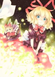 2girls bad_id bad_pixiv_id blonde_hair blue_eyes eyelashes fairy_wings field fireflies flower flower_field funnyfunny glowing highres huge_bow lily_of_the_valley looking_at_viewer medicine_melancholy multiple_girls no_mouth puffy_short_sleeves puffy_sleeves red_ribbon red_skirt ribbon short_hair short_sleeves sitting skirt smile su-san touhou traditional_media wings