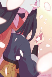 Rule 34 | 1girl, akari (pokemon), bag, black hair, black sash, black shirt, commentary request, day, falling petals, from behind, grey jacket, headscarf, highres, holding, holding petal, jacket, long hair, nintendo, outdoors, petals, pokemon, pokemon legends: arceus, sasami 642, sash, shirt, sidelocks, solo, upper body