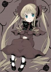 1girl black_bow black_bowtie black_flower black_rose blonde_hair blue_eyes bonnet bow bowtie flower full_body long_hair mary_janes purple_bonnet rose rozen_maiden shinku shoes socks solo thorns twintails urei-hibino very_long_hair white_socks