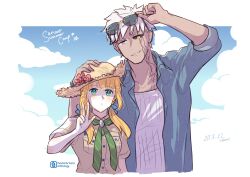 Rule 34 | 1boy, 1girl, alleycat nd, alternate hairstyle, archer (fate), archer (summer casual) (fate), archer alter (fate), artoria pendragon (fate), black sclera, blonde hair, breasts, colored sclera, commentary request, cosplay, dated, eyewear lift, eyewear on head, fate/grand order, fate (series), flower, fujimaru ritsuka (female), fujimaru ritsuka (female) (chaldea pathfinder), fujimaru ritsuka (female) (cosplay), green eyes, grey eyes, hat, hat flower, heterochromia, highres, low twintails, medium breasts, mismatched sclera, puckered lips, saber (fate), signature, smile, sun hat, sunglasses, twintails, w, white hair, yellow eyes