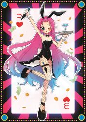 1girl ;d absurdres animal_ear_hairband animal_ears back_bow banknote black_bow black_bowtie black_footwear black_hairband black_leotard blue_eyes blue_hair blush bow bowtie cocktail_glass coin collar commentary_request cup detached_collar dollar_bill drinking_glass facial_mark fake_animal_ears fishnet_pantyhose fishnets foot_up full_body gradient_hair hairband heart heart_facial_mark highres holding holding_tray holding_weapon kunai kyomu_305 leotard long_hair megurine_luka money multicolored_hair one_eye_closed open_mouth outline pantyhose pink_hair second-party_source smile solo three_of_hearts tray vocaloid weapon white_bow white_collar white_outline white_wrist_cuffs wrist_cuffs