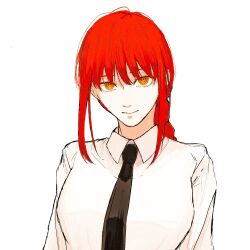 1girl absurdres black_necktie braid braided_ponytail chainsaw_man closed_mouth collared_shirt commentary_request highres makima_(chainsaw_man) nabe92213 necktie orange_eyes red_hair ringed_eyes shirt sidelocks simple_background solo white_background white_shirt