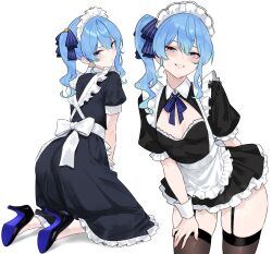 1girl absurdres alternate_costume apron arm_behind_back asymmetrical_sidelocks black_dress black_thighhighs blue_eyes blue_hair blue_ribbon blue_shoes bluefield blush breasts cleavage_cutout clothing_cutout collared_dress double-parted_bangs dress enmaided frilled_apron frilled_dress frills from_behind garter_straps grin hair_between_eyes hair_ribbon high_heels highres hololive hoshimachi_suisei kneeling leaning_forward long_hair looking_at_viewer maid maid_apron maid_headdress medium_hair puffy_short_sleeves puffy_sleeves ribbon shoes short_sleeves side_ponytail simple_background skindentation small_breasts smile star_(symbol) star_in_eye symbol_in_eye thighhighs thighs virtual_youtuber white_apron white_background