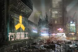 absurdres building city cityscape crane_(machine) cyberpunk highres night no_humans okayuyuyu original outdoors scenery skyscraper