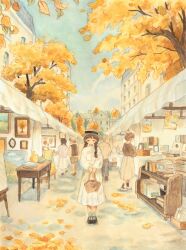 2boys 3girls apartment autumn autumn_leaves blue_sky book book_stack bookshelf bowl building carrie_(carriedraw) day highres leaf market market_stall multiple_boys multiple_girls original plate sky solo_focus tree
