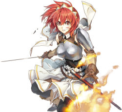 Rule 34 | 00s, 1girl, armor, black pantyhose, breastplate, cecily cambell, female focus, fire, gloves, long hair, looking at viewer, luna (reclaimed land), pantyhose, pauldrons, red eyes, red hair, scabbard, seiken no blacksmith, sheath, shoulder armor, simple background, skirt, solo, sword, weapon, white background